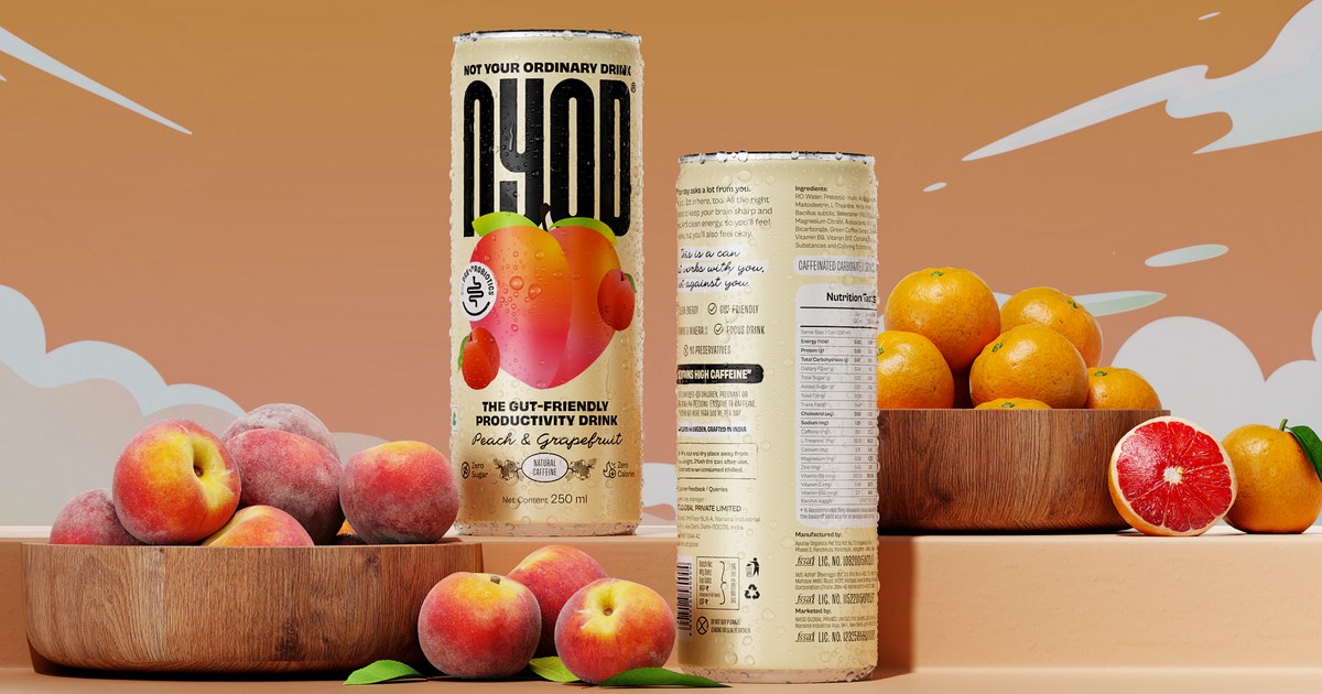 NYOD Peach & Grapefruit can, a synbiotic drink with a probiotic and a prebiotic, styled with peaches