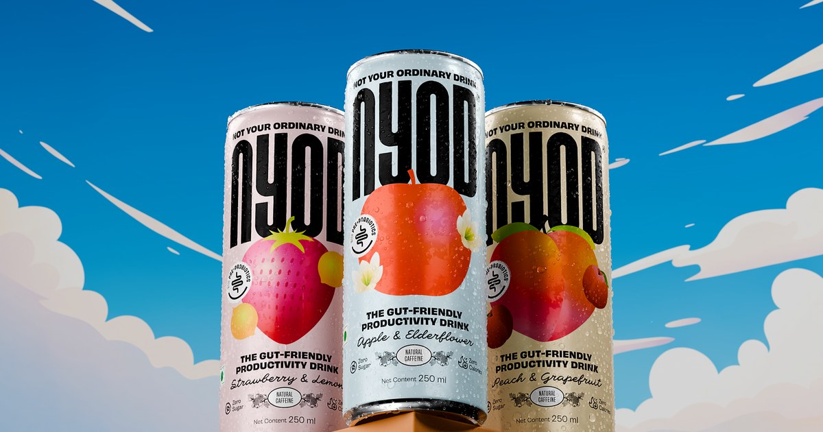 Three NYOD cans: Strawberry & Lemon, Apple & Elderflower and Peach & Grapefruit