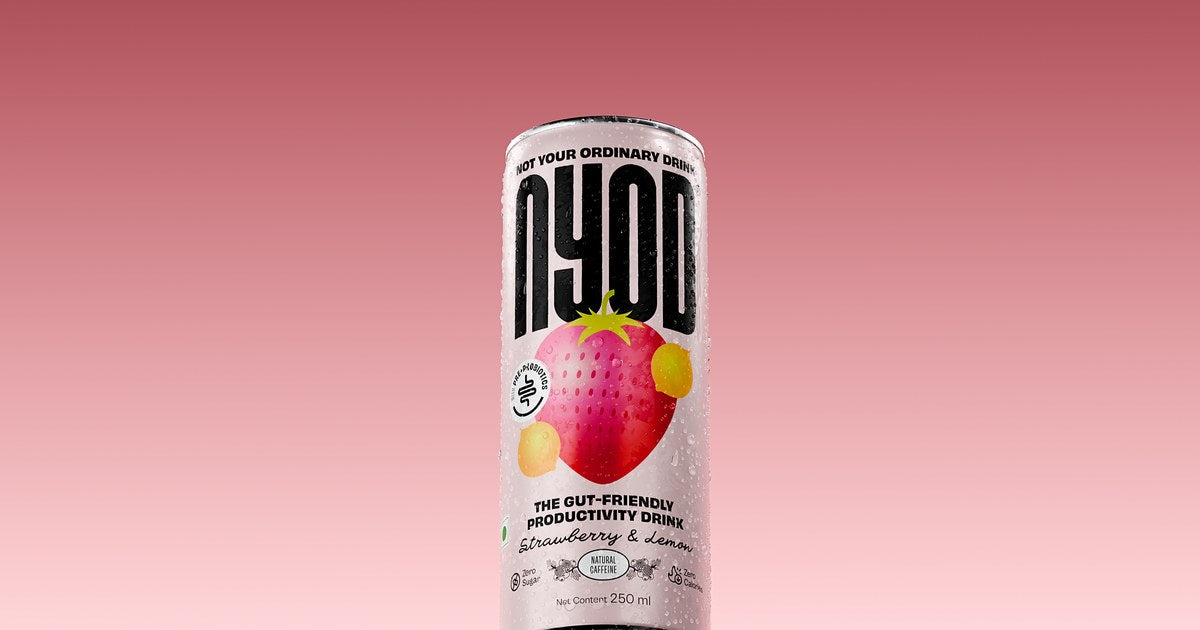NYOD Strawberry & Lemon zero-sugar can against a pink background